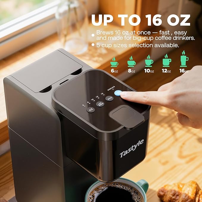 Single Serve Coffee Maker Hot and Iced with Bold Brew Small Coffee Machine for K Cup and Ground Fits 7.3'' Travel Mug Brews up to 16 Oz 5 Cup Sizes for Office RV&amp Hotel Elegant Black