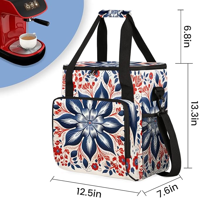 Flowers Floral Design Coffee Maker Travel Bag for Keurig K-Mini/K-Mini Plus Insulated Waterproof Tote with Pockets for K-Cup Portable Single-Serve Brewer Case