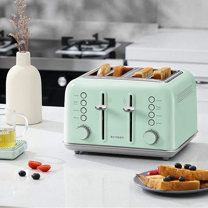 BUYDEEM DT640 Retro 4 Slice Toaster 7 Shade Settings Extra Wide 1.5'' Slots Stainless Steel Toaster with Bagel Muffin Defrost Reheat Function Green