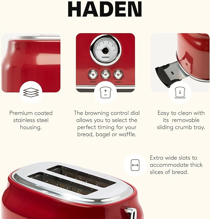 Haden Dorset 2 Slice Wide Slot Stainless Steel Toaster with Adjustable Browning Control &amp Non-Slip Feet Rectory Red