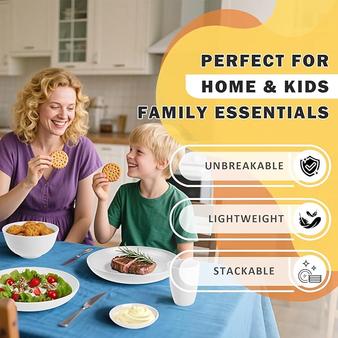 Wheat Straw Plates and Bowls Sets of 16Unbreakable Dinnerware Sets for 4 Microwave &amp Dishwasher Safe Kids Dish Set for Kitchen Outdoor Camping Party RV- White