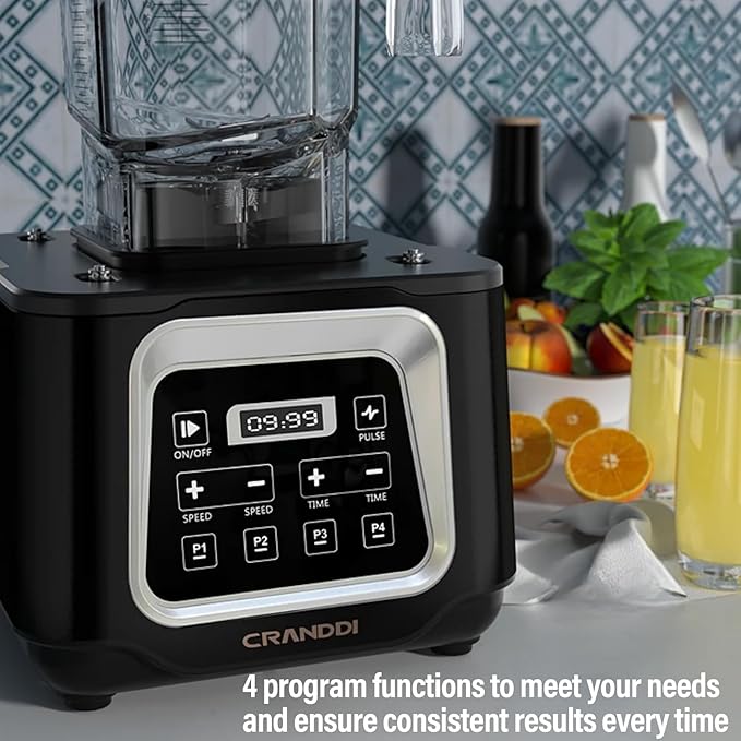CRANDDI Commercial Smart Smoothie Blender - 2200W High-Power Professional Blenders for Smoothies &amp More 4 Pre-Set Programs Quiet Blender with Removable Shield 52oz Jar 120V K80TS (Black)