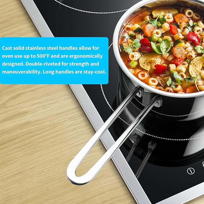 Stainless Steel Pots and Pans Set 7-Piece Kitchen Cookware Sets with Glass Lids Stay-Cool Handle Oven Safe Works with Induction/Electric and Gas Cooktops Dishwasher