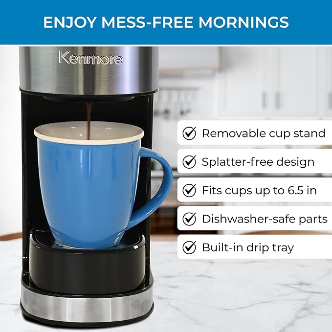 Kenmore Single Serve Coffee Maker – Compatible with Keurig K‑Cup Pods &amp Ground Coffee One Cup Brewer 6–14 Oz Brew Sizes Travel Mug Friendly Auto Shut‑Off Hot &amp Iced Maquina de cafe Black