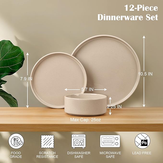 E-far Stoneware Dinnerware Sets 12-Piece Plates and Bowls Dish Set for 4 Kitchen Modern Dinning Ware Chip and Scratch Resistant Microwave &amp Dishwasher Safe Speckled Khaki