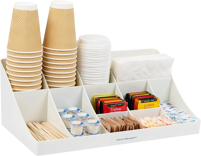 Mind Reader Cup and Condiment Station Countertop Organizer Coffee Bar Kitchen Stirrers 17.875L x 9.5W x 6.625H White