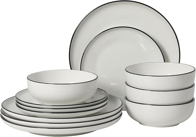 Gibson Home Havenstone 12-Piece Porcelain Dinnerware Set – Dinner Plates Salad Plates &amp Bowls Classic White With Black Rim Everyday Dish Set for Home Kitchen Microwave &amp Dishwasher Safe