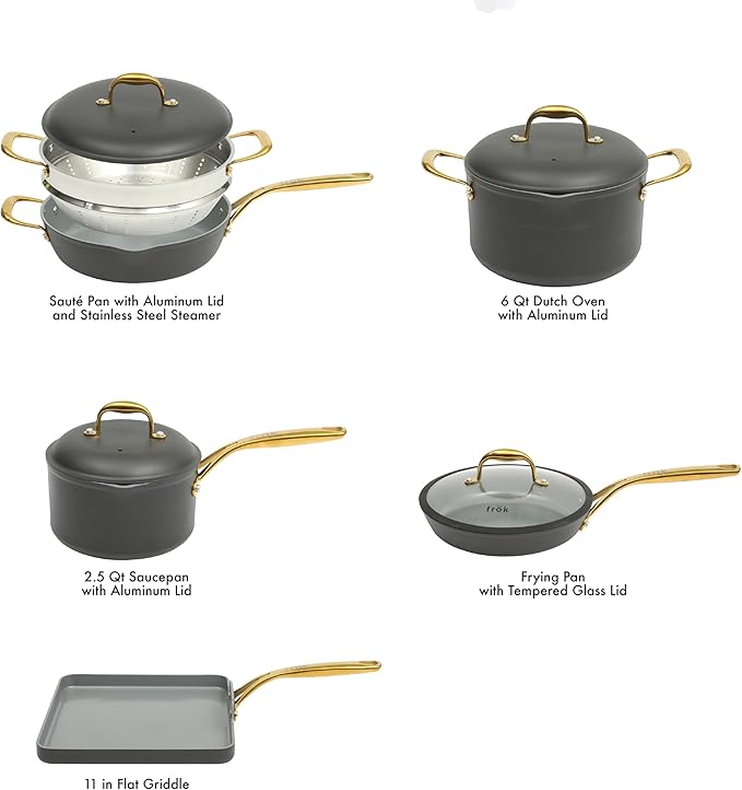 Frok 10 Piece Pots and Pans 4MM Thick Quick Heat Aluminum Cookware Set w/Premium PFA Free Ceramic Nonstick Interior Heat Resistant Exterior - Induction - Black &amp Gold