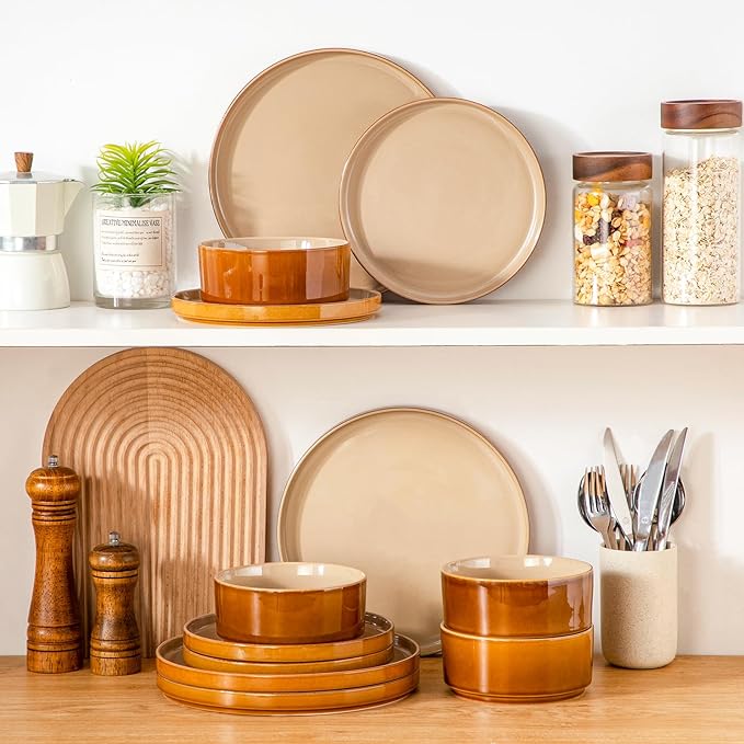 vancasso ONION Ceramic Plates and Bowls Sets 12 Pieces Brown Dinnerware Sets for Kitchen Reactive Glaze Dishes Set for 4 Dishwasher and Microwave Safe