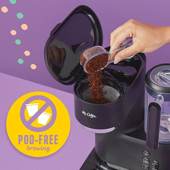 Mr. Coffee 3-in-1 Single-Serve Iced and Hot Coffee/Tea Maker with Blender with Reusable Filter Scoop Recipe Book 2 Tumblers Lids and Straws Black