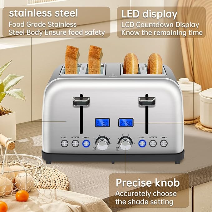 SEEDEEM Toaster 4 Slice LCD Display 6 Shade Settings 1.5'' Wide Slots Digital Stainless Toaster for Bagel Defrost Reheat Dual Control Removable Crumb Tray 1500W Silver Metallic