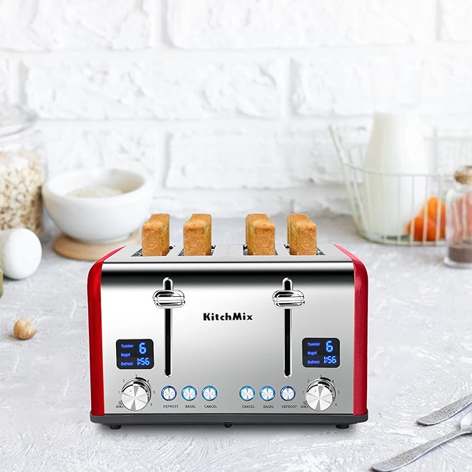 Toaster 4 Slice KitchMix Bagel Stainless Toaster with LCD Timer Extra Wide Slots Dual Screen Removal Crumb Tray (Red)