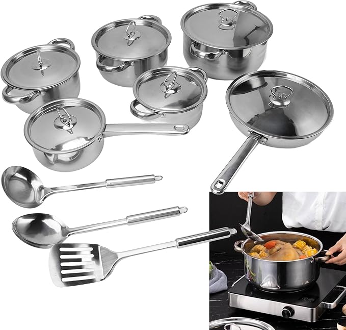 9Pcs Stainless Steel Cookware Set Exquisite Long Lasting Non Slip Pots and Pans Set with Soup Pot Saute Pan Lids Kitchen Cookware Sets with Soup Pot &amp Saucepan for Home Cooking