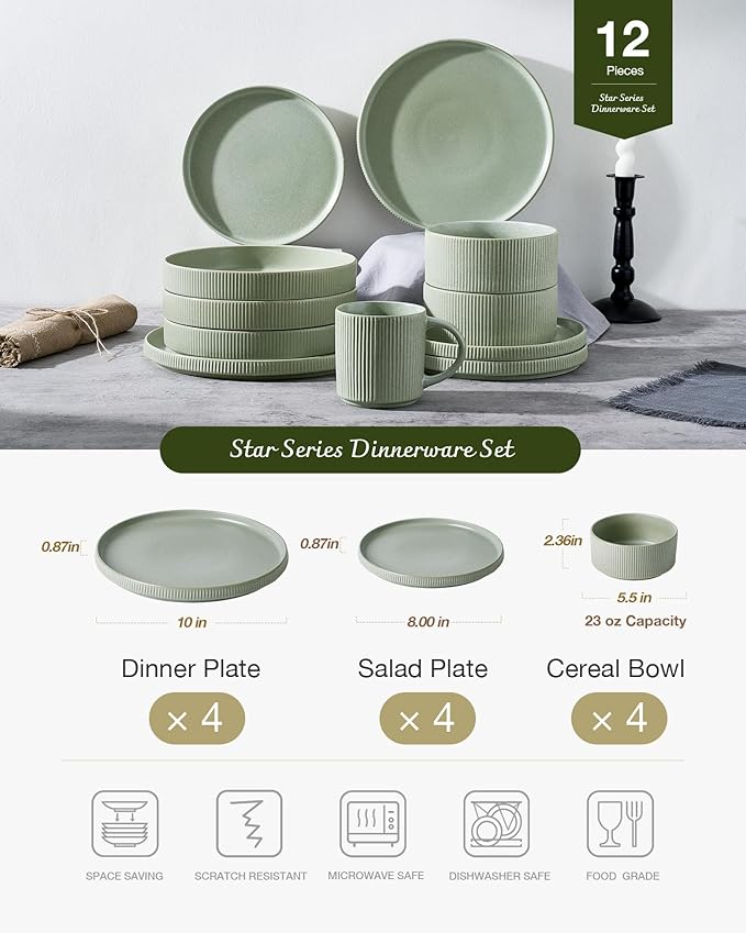 Famiware Star Dinnerware Set Plates and Bowls Sets for 4 (12pcs) Ribbed Stoneware Dishes - Chip &amp Scratch Resistant Microwave &amp Dishwasher Safe Matte Sage Green