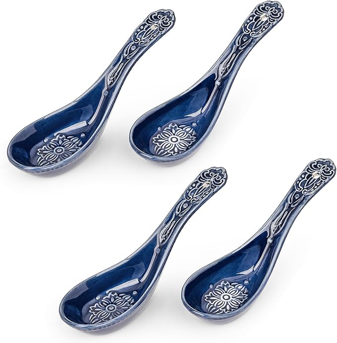 Sungmor Embossed Stoneware Fine Dining Dinnerware Antique Baroque Style Porcelain 5.5 Inch Soup Spoons Set of 4 Blue Ceramic Chinese Spoons Asian Style Spoon for Miso Soup Ramen Dumpling
