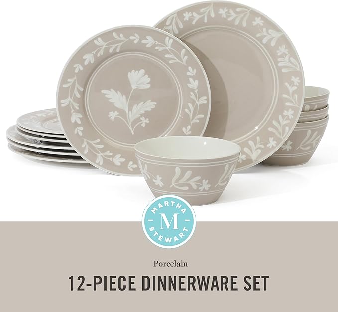 Martha Stewart Maiden Crown 12-Piece Taupe Dinnerware Set – New Bone China Ceramic Plates &amp Bowls – Floral Design – Service for 4 – Dishwasher &amp Microwave Safe