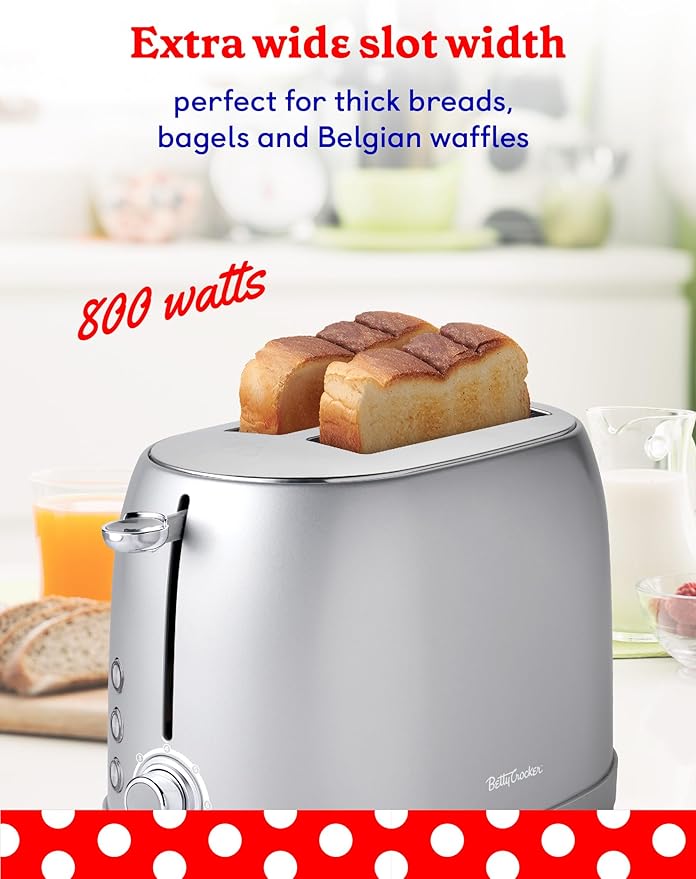Betty Crocker 2-Slice Multi-Function Toaster Toaster 2 Slice with Extra Wide Slots for Thick Bread Bagel &amp Waffle Toast Shade Control Dial Slide Out Crumb Tray Silver