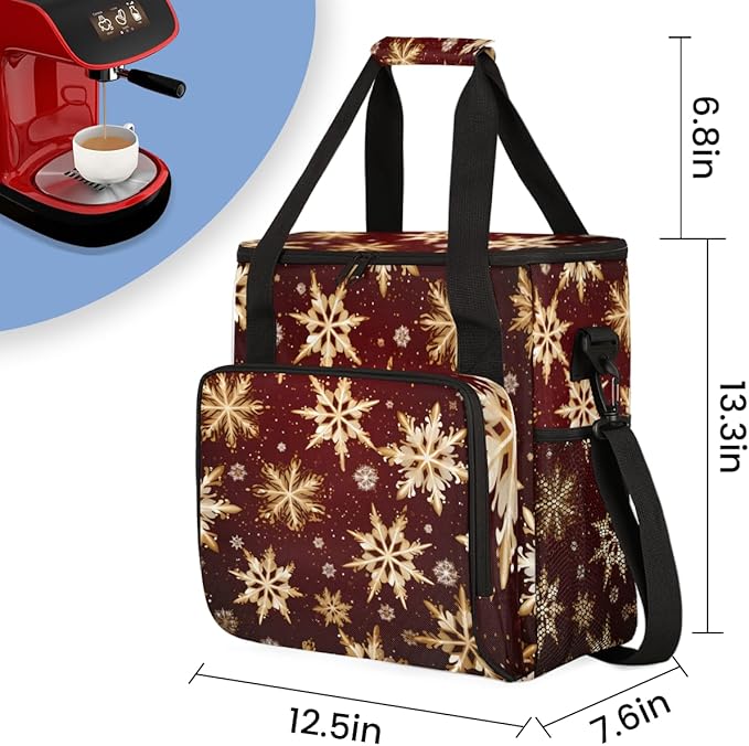 Xmas Snowflakes Coffee Maker Carrying Bag Bright Snowflakes Travel Storage Bag Compatible with K-Mini or K-Mini Plus Single Serve Coffee Brewer Carrying Case with Multiple Pockets &amp Shoulder Str