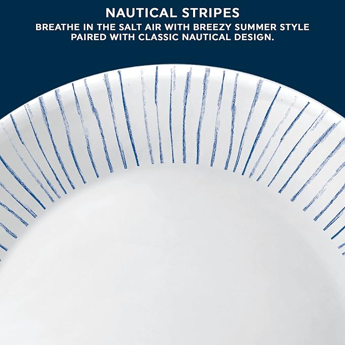 Corelle 18-Piece Dinnerware Set Service for 6 Lightweight Round Plates and Bowls Set Vitrelle Triple Layer Glass Chip Resistant Microwave and Dishwasher Safe Nautical Stripes