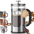 Veken French Press Coffee Maker 34oz 1 L No Plastic Touching Cafe Heat Resistant Thickened Borosilicate Glass Stainless Steel Brewer Cold Brew Cafetera Teapot for Kitchen Travel Camping Silver