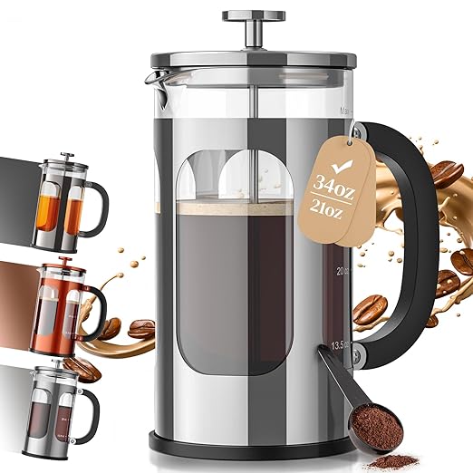 Veken French Press Coffee Maker 34oz 1 L No Plastic Touching Cafe Heat Resistant Thickened Borosilicate Glass Stainless Steel Brewer Cold Brew Cafetera Teapot for Kitchen Travel Camping Silver