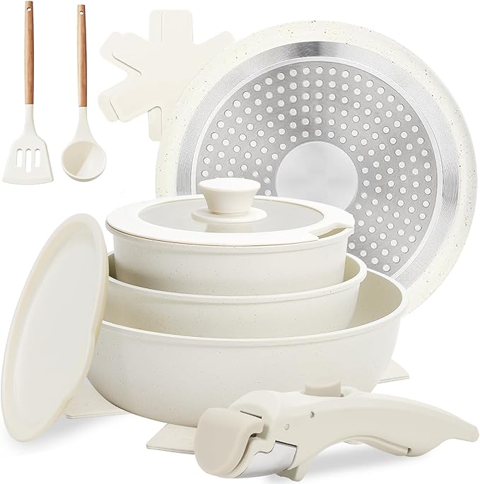 Numola 10 pcs Pots and Pan Set Non Stick with Detachable Handle Ceramic Cookware Set for Stackable Induction Kitchen Cookware Set for RV Dishwasher ＆ Oven Safe Cream White