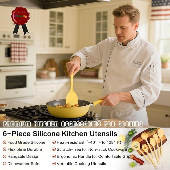 Silicone Kitchen Cooking Utensils Set of 6 Non-Stick Food Grade Silicone Cooking Utensils Set Heat Resistant Non-Toxic Ergonomic Designed Dishwasher Safe Kitchen Utensils for Nonstick Cookware