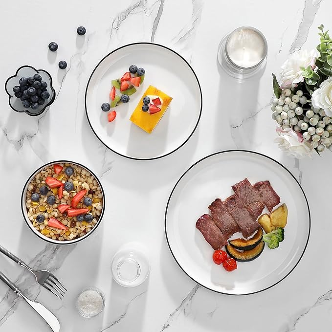 MALACASA Plates and Bowls Sets 12 Pieces Modern Porcelain Dinnerware Set for 4 White Kitchen Dinner Dining Ware Set wtih Black Rim Ceramic Dishware Dishes Microwave and Dishwasher Safe Series LUNA