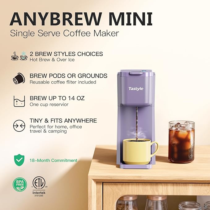 Mini Hot and Iced Coffee Maker Single Serve for K Cup and Ground 6 to 14 Oz Brew Sizes with Recipe Book for Home Travel RV Office and Dorm Violet