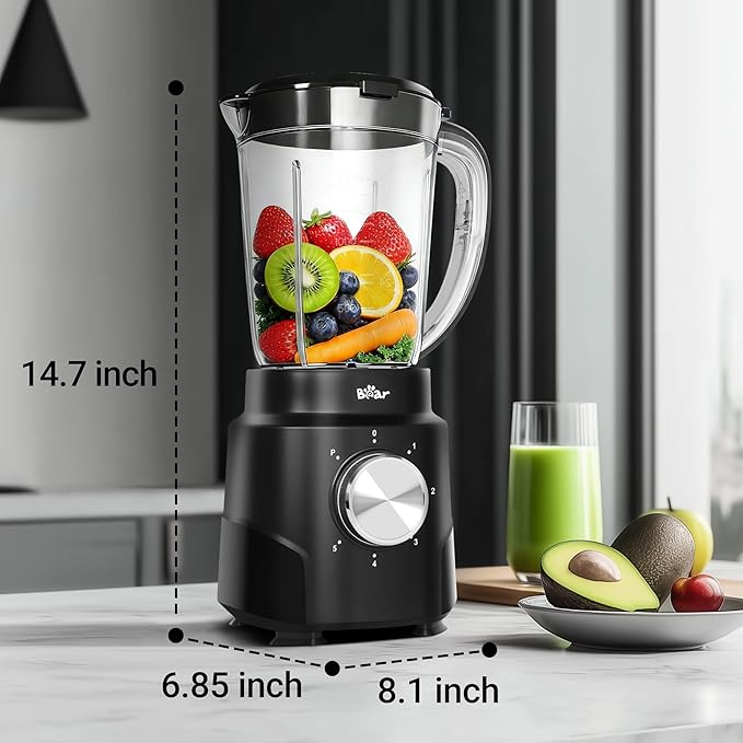 Bear 800W 6-Speed Blender Smoothie Blender for Kitchen with 50oz(1.5L) BPA-Free Cup/Suction Feet/Feeding Hole/10 blades Countertop Blender for Smoothies Crush Ice Frozen Fruit Juice and Puree