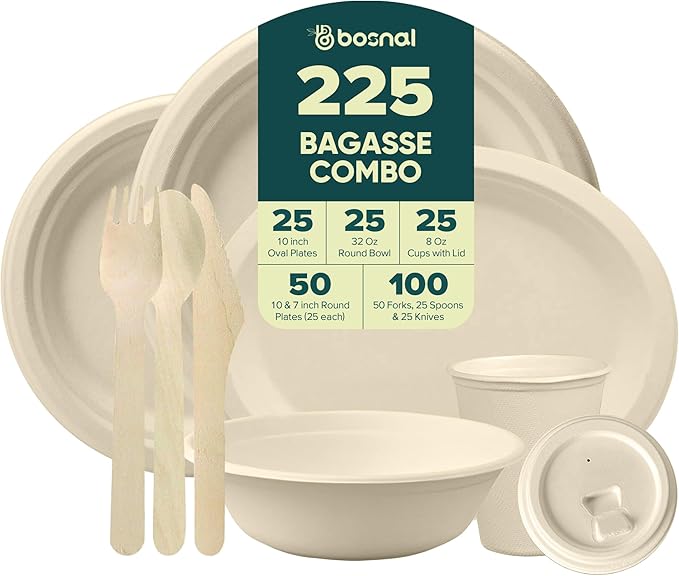 BOSNAL 10 inch &amp 7 inch Round Plates 10 inch Oval Plates 32 oz Bowls &amp 8 oz Cups with Lidss &amp Cutlery – 100% Plant-Based Bagasse Eco-Friendly Compostable Microwave Safe Durable Dinne