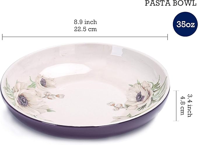 Bico Purple Poppy Ceramic 12 pcs Dinnerware Set Service for 4 Inclusive of 11 inch Dinner Plates 8.75 inch Salad Plates and 35oz Dinner Bowls for Party Microwave &amp Dishwasher Safe