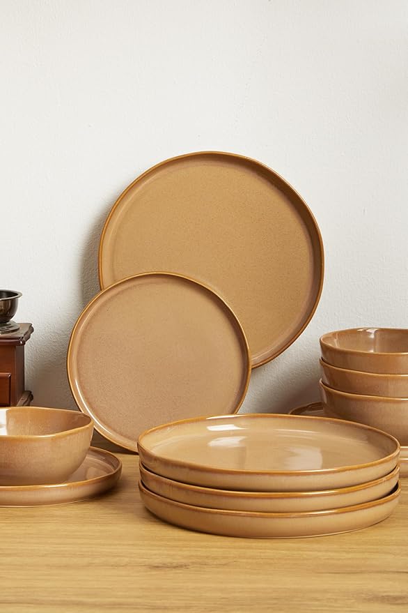 18 Piece Rustic Taupe Plates and Bowls SetEarthy Ceramic Dinnerware Sets for 6 – Handcrafted Dish Set for Inviting Dining &amp Vintage Charm