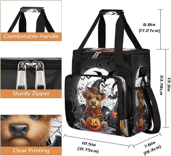 Halloween Alpine Cow Bat Pumpkin Coffee Maker Carring Bag Travel Carrying Storage Tote Bag Compatible with Keurig K-Mini or K-Mini Plus Portable Single Serve Coffee Brewer Case with Pockets