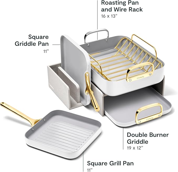 Caraway Square Cookware Set - Square Pans Set - Perfect for Griddling Toasting Searing Roasting and More - Non-Stick Ceramic Coated Pans - Non Toxic PTFE &amp PFOA Free - White