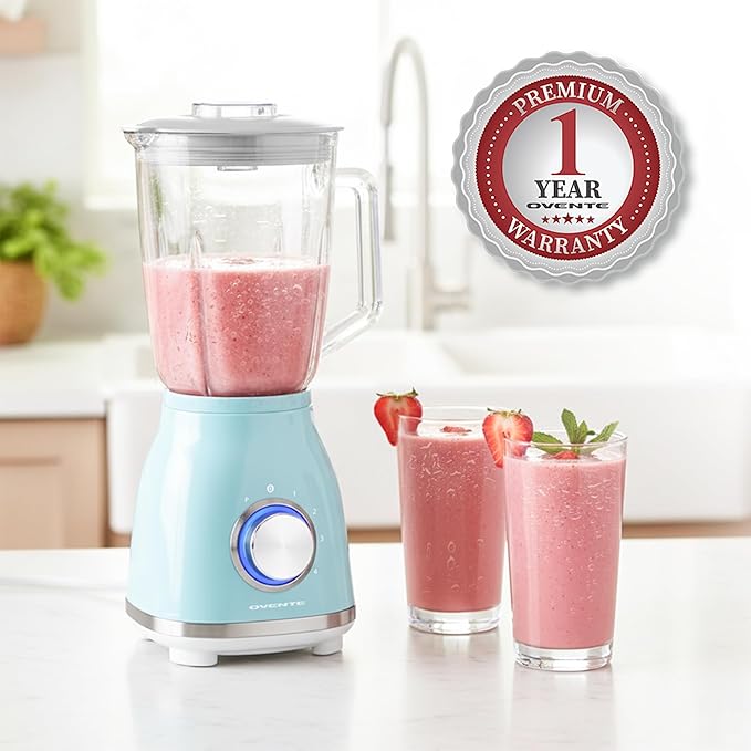 OVENTE Countertop Blender for Shakes and Smoothies with 550W Motor 50 Oz Glass Jar and Adjustable 4 Speed Settings Ideal for Frozen Fruit Drinks Puree Ice Crush Sauces and More Blue BLH2604LBL