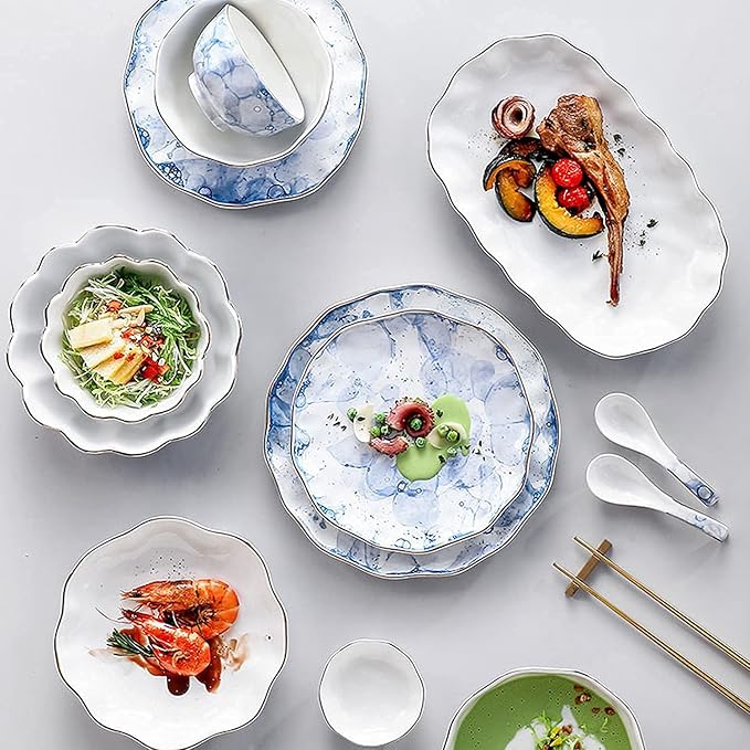 Dinner Set for Luxury Restaurant and Home 24 Pieces Porcelain Dish Set Dinnerware Sets Plates and Bowls Sets for 8 Blue Foam Series 24k Gold-PlatedB