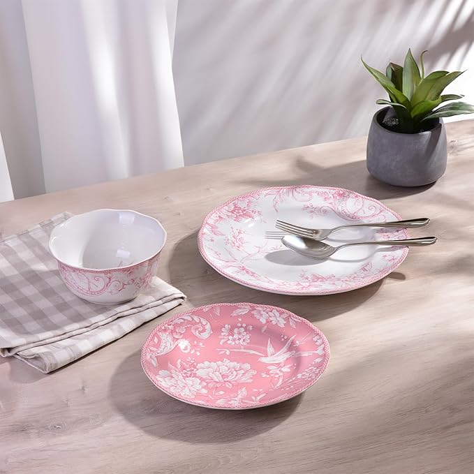 222 Fifth Adelaide Blush 12-Piece Pink Porcelain Dinnerware Set – Service for 4 Big Dinner Plates and Bowls Sets White with Pink Floral Pattern for Daily Entertainment Microwave &amp Dishwasher S