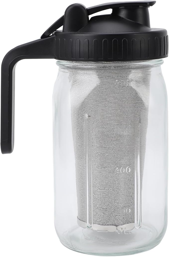 COLD BREW COFFEE MAKER PITCHER STAINLESS STEEL FILTER THICK GLASS ICED COFFEE JAR SPOUT LID HANDLE BLACK (1000ml)