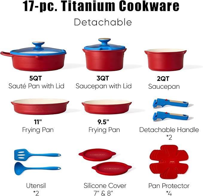 CAROTE 17Pcs Titanium Cookware Set Pots and Pans Set Non Stick Kitchen Cooking Set with Detachable Handle Non Toxic Induction Cookware Dishwasher/Oven SafeMemphis Design