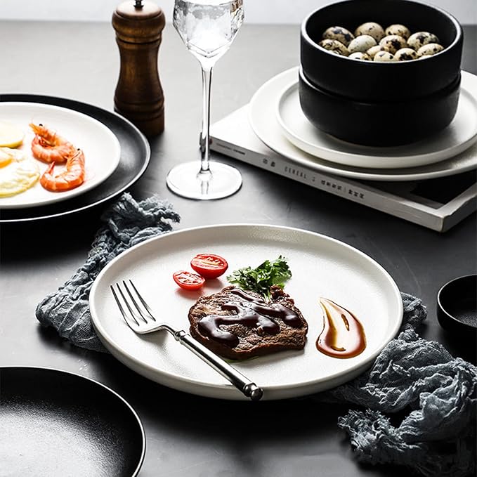 16-Piece Dinner Sets Black White Porcelain Dinnerware Set Service for 4 Frosted Dinnerware Kitchen Ceramic Dinsh Set - 4 X Dinner Plates/Salad Plate/Bowls/Taste Dish Daily Us