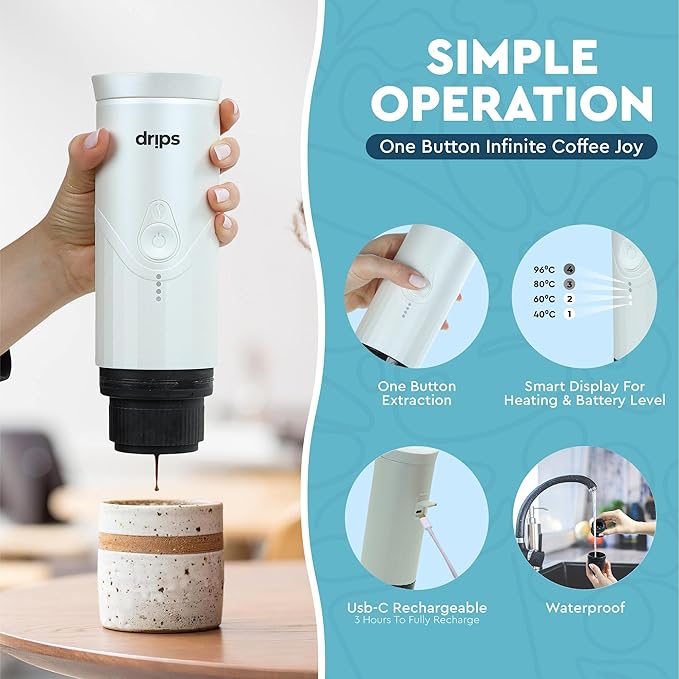 drips Portable Electric Espresso Machine with 3-4 Minute Self-Heating 20 Bar Mini Coffee Maker Compatible with NS Capsule &amp Ground Coffee for Camping Travel Hiking Office (Matte Black)