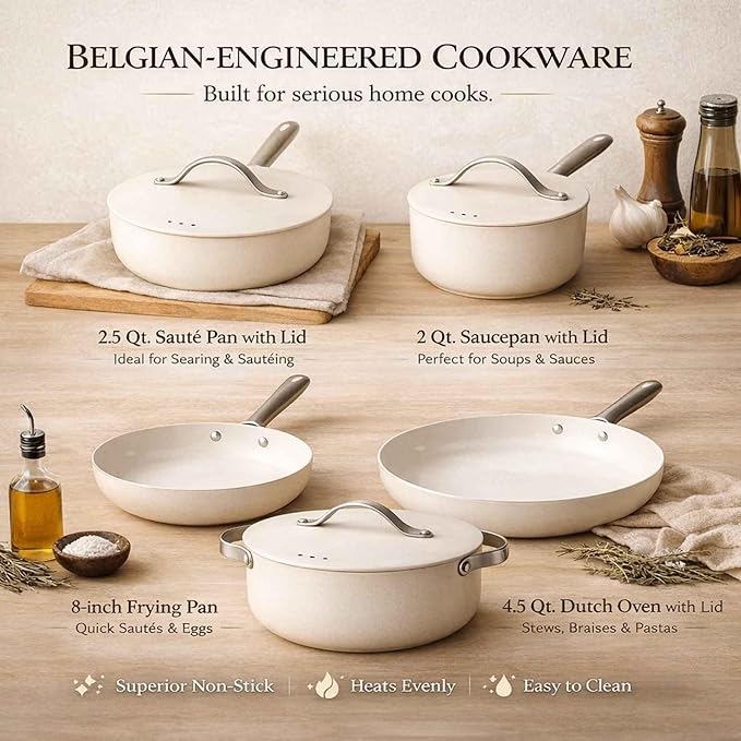 Alva Mobi 8-Piece Ceramic Nonstick Cookware Set – No PTFE PFOA PFAS Toxin-Free Pots &amp Pans with Stay-Cool Handles – Works on All Stovetops Oven Safe (400°F) Healthy &amp Easy to Clean Canol