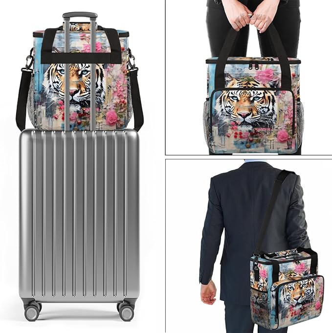 Oil Painting Tiger Coffee Maker Carrying Bag Graffiti Tiger Travel Storage Bag Compatible with K-Mini or K-Mini Plus Single Serve Coffee Brewer Carrying Case with Multiple Pockets &amp Shoulder Str