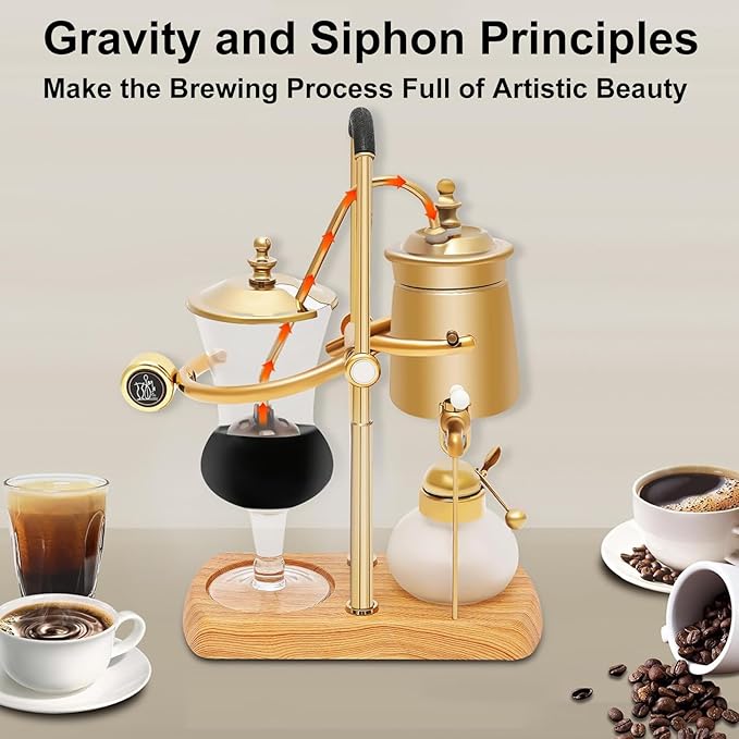 Belgium Luxury Royal Family Balance Syphon Siphon Coffee Maker with Tee Handle Elegant Retro-Style Design Vacuum Brewing Coffee Machine for Coffee Aficionados Coffee/Tea Dual-Use
