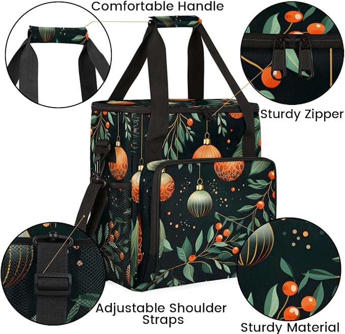 Xmas Leaves Coffee Maker Carrying Bag Christmas Ball Travel Storage Bag Compatible with K-Mini or K-Mini Plus Single Serve Coffee Brewer Carrying Case with Multiple Pockets &amp Shoulder Strap