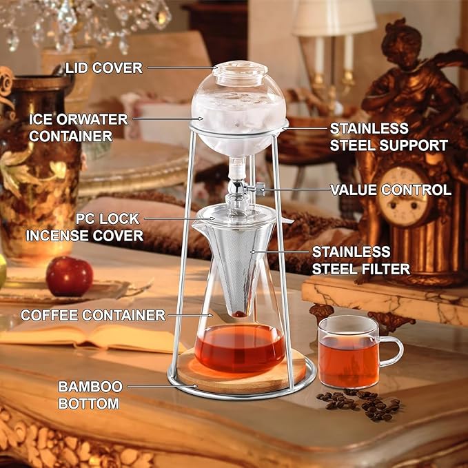 Ice Cold Brew Dripper Ice Drip Coffee Maker with Precision Stainless Steel Filter and Adjustable Drip Valve 2-4 Cup Capacity Fully Enclosed Extraction Technology for Coffee Lovers