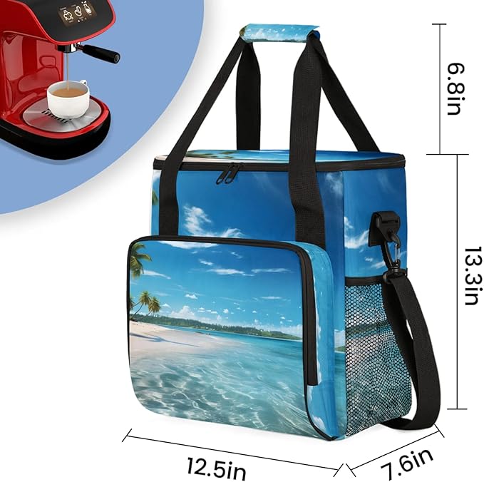 Summer Ocean Coffee Maker Travel Bag for Keurig K-Mini/K-Mini Plus Insulated Waterproof Tote with Pockets for K-Cup Portable Single-Serve Brewer Case