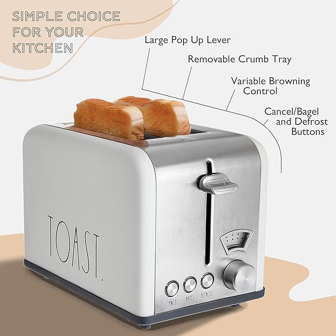Rae Dunn Toaster Stainless Steel 2 Slice Square Toaster Wide Slot with 5 Browning Levels with Bagel Defrost and Cancel Options (Cream)