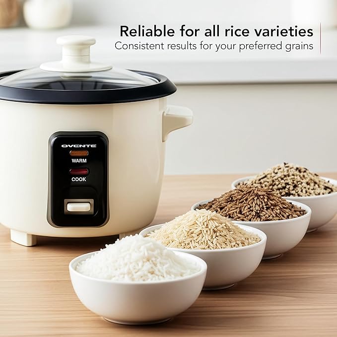 OVENTE Electric Rice Cooker 4-Cups (Cooked) with Removable Nonstick Pot Keep Warm Function Cooks Grain Oatmeal and Makes Soups Stews or Hot Cereals Includes Measuring Cup and Spatula Cream RC04C